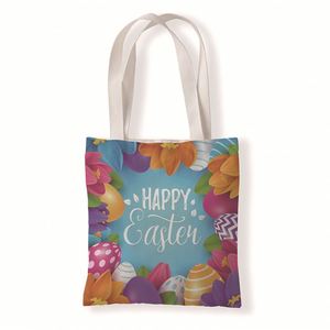 2024 Happy Easter cetakan dapat digunakan kembali dicetak kanvas menangani tas bahu anak-anak katun tas belanja kemasan mainan telur tas - Product Image 2