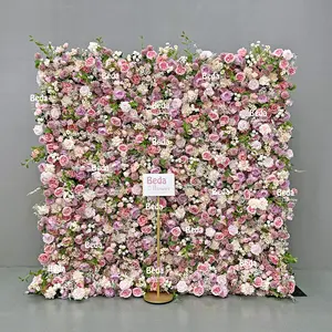 5D定制尺寸婚礼布置装饰绿叶紫色粉色玫瑰人造花墙背景