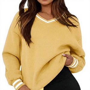 Sweat-shirt oversize uni pour femme, col en V, tricoté en coton, manches longues, hiver, décontracté, broderie - Product Image 1