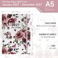 Agenda A5 à couverture rigide en PU/papier à motif floral, 2027, une page par jour, avec bande élastique pour le bureau et l'école