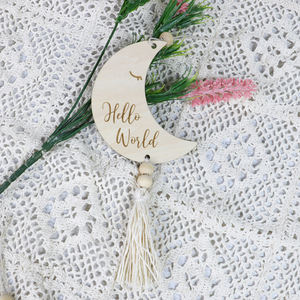 Hello World Star Moon Ensemble de cartes en bois pour bébé avec glands Cadeaux pour bébé faits à la main - Product Image 1