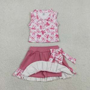 Ensemble jupe sans manches décontracté à carreaux en laine peignée pour petites filles GSD3480 RTS, avec nœuds roses, vêtements pour enfants, 95% coton, 5% élasthanne - Product Image 2