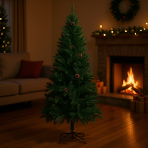 Árbol de Navidad Artificial Verde de 6 Pies con Piñas, Elemento Decorativo para Interiores, Base Incluida, Ligero y Fácil de Instalar - Product Image 2