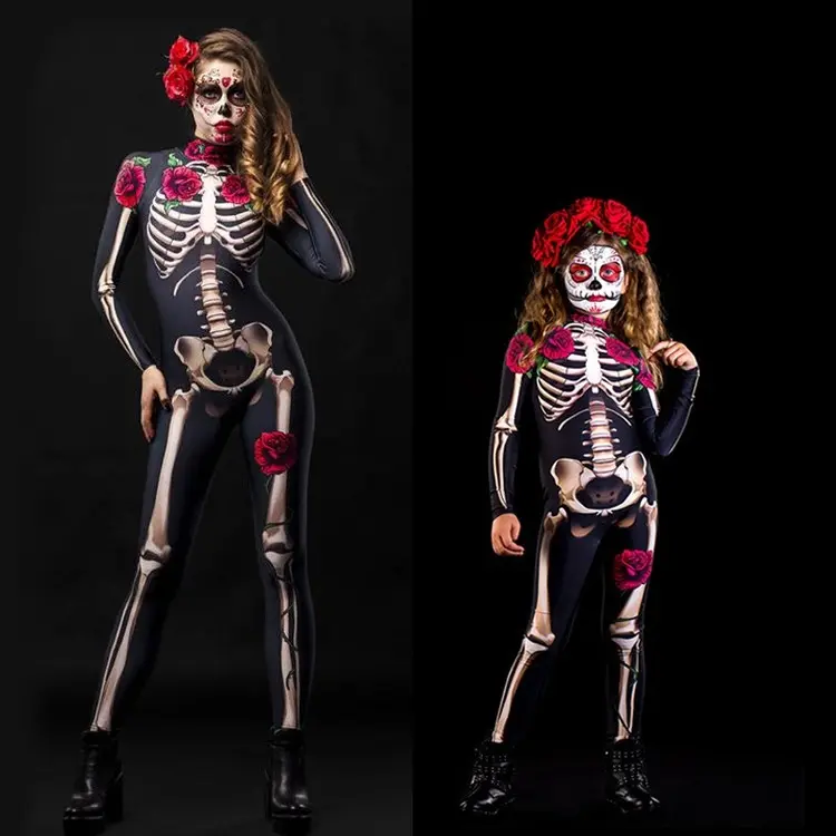 Fantasia feminina de halloween, traje de esqueleto rosa, fantasia fantasia de halloween para crianças, bebês, meninas
