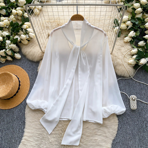 Blouses douces à manches longues et col à nœud pour femme, à <span class=keywords><strong>pois</strong></span>, collection automne, vente en gros - Product Image 3