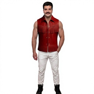 Nuevo Chaleco de Cuero Rojo Personalizado para Hombre con Flecos, Cuello Vuelto, Cierre de un Solo Botón, Prenda Exterior Informal para Otoño - Product Image 5