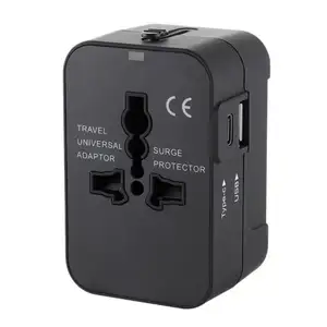 Adaptor daya Universal hitam Multifungsi, adaptor perjalanan semua dalam satu di seluruh dunia dengan port pengisian daya USB Tipe c