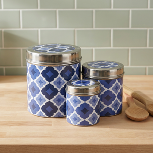 Ensemble de récipients alimentaires à motif marocain, hermétiques, en acier inoxydable, ronds, bleu et blanc - Product Image 3
