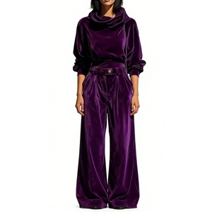 Women's Velvet 2 Piece <b>Set</b> - Cowl Neck Long Sleeve Top & High Waist Pleated Balloon Pants Outfit Womens Clothes Fashion - Product Image 2