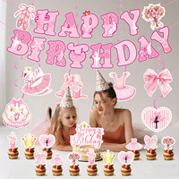 Bannière de fête d'anniversaire sur le thème du ballet rose, décoration de gâteau en spirale suspendue pour filles, décorations de fête d'anniversaire de danseuse de ballet