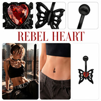 Anneau de nombril incurvé en acier inoxydable 316L 14G avec papillon noir et cœur rouge en zircon cubique, piercing à filetage interne