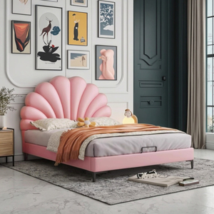 Lit double en cuir souple de style crème moderne Lit pour enfants Lit pour enfant avec cadre en bois massif et armoire de rangement - Product Image 5