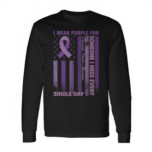 Indosso la maglietta viola per la consapevolezza sul cancro al pancreas, t-shirt a maniche lunghe con bandiera americana, stampa digitale girocollo unisex per adulti - Product Image 3