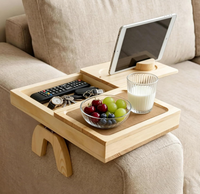 Plateau de canapé en bois, table d'accoudoir de canapé avec porte-gobelet et support pour tablette, organiseur pliable pour boissons, télécommande et collations