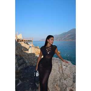 Vestido Básico Negro Estampado Personalizado, Estilo Vintage Elegante, Decoración Fruncida, Talla XL, Corte Imperio, para Primavera, Verano e Invierno - Product Image 5