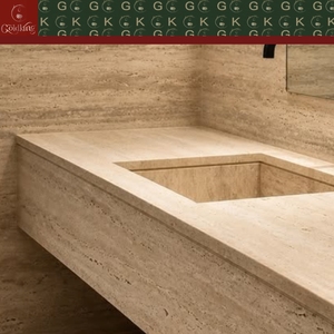 GOLDKING <span class=keywords><strong>Lavabo</strong></span> Doble de Grado Comercial, Moderno, Montado en la Pared, con Encimera de Travertino, Vetas Beige Cálido, Poros Naturales, Tamaño Personalizado OEM - Product Image 6