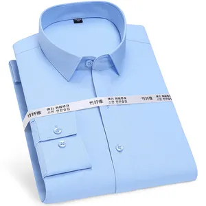 Camisas de vestir de sarga azul para hombre, ropa de trabajo de fibra de bambú, informal, transpirable, Formal, no planchado