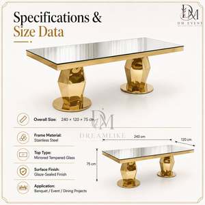 Mesa de Banquete Rectangular de Lujo con Cubierta de Espejo de Acero Inoxidable y Base Geométrica para Eventos y Bodas - Product Image 2