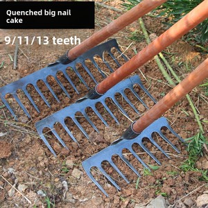 PINSHUN <b>Wooden</b> Handle Garden Rake Iron Nail Rake 13 Tines 1.2-1.4m Handle Length for Soil Loosening Beach Mud Leaf Grass - Product Image 3