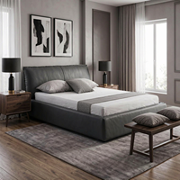 Lit contemporain en cuir anthracite, lit double minimaliste rembourré avec base trapézoïdale, mobilier de chambre principale au profil bas
