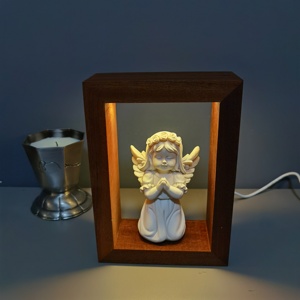 Estatua de Ángel, estatua de madera de estilo religioso, luz de decoración, lámpara de mesa de madera con estatua de resina para el hogar y la Iglesia - Product Image 1