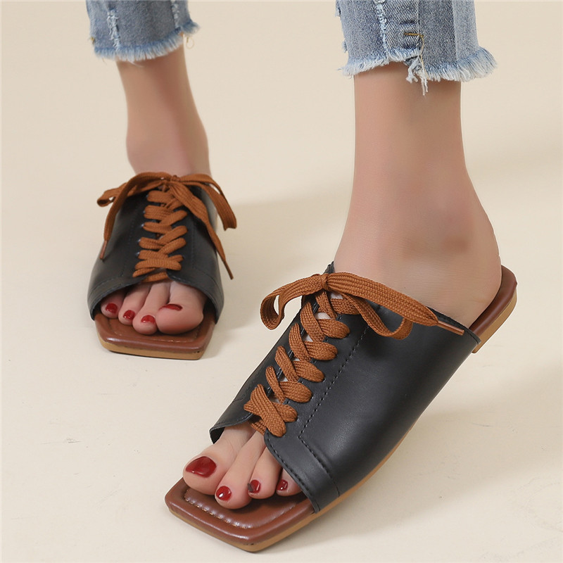 French Design Slippers Lady 2023 Summer Square Head Flat Casual Shoes Rubber PU Slippers
