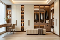 Armoire dressing moderne sur mesure avec cadre en panneaux de particules, portes vitrées, éclairage LED et table de maquillage intégrée pour appartement