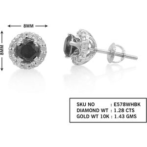 Boucles d'oreilles Ornaatis Diamond Halo, 1,28 carats au total, taille ronde, blanc et noir, or blanc massif 10 carats, fermeture à vis - Product Image 3