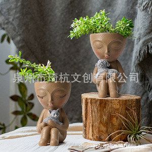 Seated Girl Holding Cat Or Dog Resin <b>Vase</b> Creative Succulent Flower Pot Garden Decoration Outdoor Planters - Product Image 2