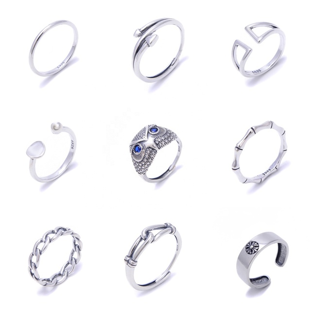 YMJ Fashion 925 Sterling Silver Owl Bamboo Cuban Chain Rope Double Arrow Fish Ring Office/Career Adjustable Rings Ladies Women