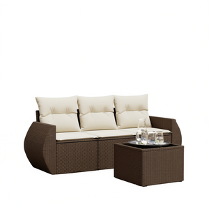 Conjunto de Sofá de Jardín de Ratán Blanco Crema y Marrón, 3 Plazas, Muebles de Exterior Resistentes a la Intemperie, Diseño Contemporáneo - Product Image 1