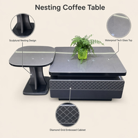 Ensemble de tables basses gigognes modernes et minimalistes avec panneaux en verre technologique, finition brillante et motif diamant en relief, pour salon, avec rangement sous tiroirs, disponible en gros