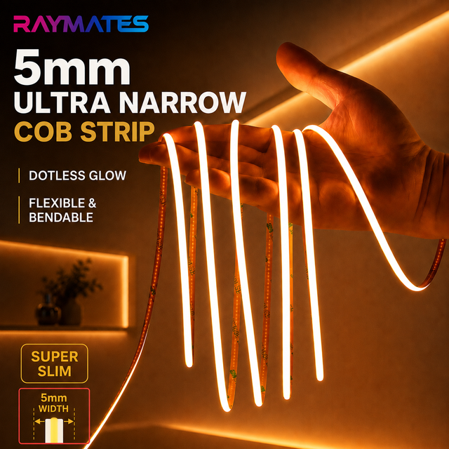 Raymates 5mm ultra Thin Mini Cob Led Strip RA90 Flexible Tape LED Light for Indoor Lighting Party Car Wine Cabinet