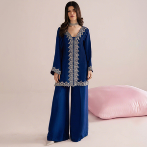 Ensemble haut et pantalon palazzo brodés bleus, col en V, manches longues, robe modeste, tenue de fête du Ramadan - Product Image 1