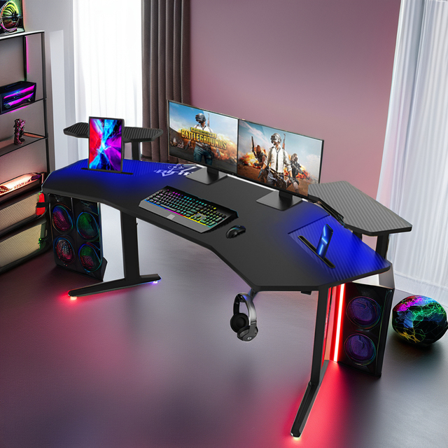 Large Metal Carbon Fiber Surface RGB LED Extendable Gaming Desk with Wireless Charging for Home Office PC Use