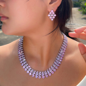 Super lujoso redondo <span class=keywords><strong>Cubic</strong></span> <span class=keywords><strong>Zirconia</strong></span> collar y pendientes compromiso boda romántico Rosa grueso gran conjunto de joyas para mujeres - Product Image 1