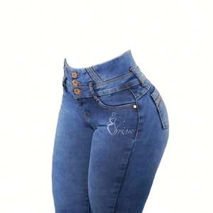 Pantalones pitillo lisos lavados con botones transpirables informales de cintura alta de alta calidad personalizados al por mayor pantalones vaqueros para mujer - Product Image 1