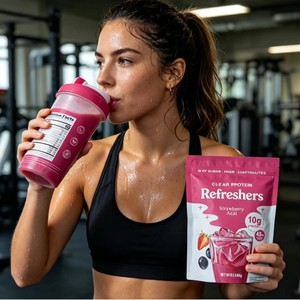 Poudre de Protéine de Lactosérum, Prébiotiques Clairs, Saveur Fraise Açaï, Fibres, Électrolytes, Amélioration de la Densité Osseuse, Nutrition Sportive et Fitness - Product Image 4