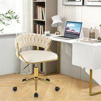 Fauteuil de bureau pivotant en velours, avec dossier tissé tufté à la main et base chromée dorée, idéal pour salon de beauté, bureau ou coiffeuse.