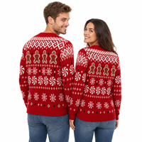 Pull de Noël assorti pour couple motif flocon de neige tourbillonnant rouge et bonhomme en pain d'épices