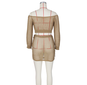 Top ajouré à manches longues pour femmes, <span class=keywords><strong>Mini</strong></span> jupe transparente, Cover-up <span class=keywords><strong>de</strong></span> plage deux pièces au Crochet, 5 couleurs - Product Image 4