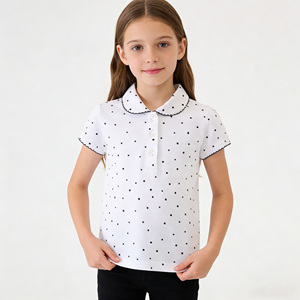 Polos à manches courtes pour filles, en coton, imprimé à pois, hauts d'école, t-shirts pour enfants, polos avec poignets ondulés pour l'école et le quotidien - Product Image 5