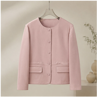 Veste en cuir d'agneau courte pour femmes, col rond, surpiqûres décoratives, poches latérales, vêtement d'extérieur décontracté en peau de mouton