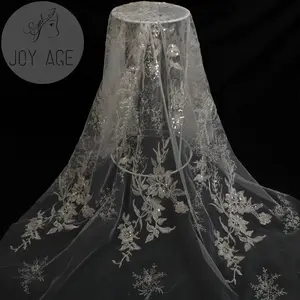 French High End Hand Made 3d Silver Beaded Mirror Lace Flowers Clothing Fashion Mesh Tulle Net Fabric Embroidery Sequins