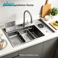 Évier de cuisine multifonctionnel fait main en acier inoxydable à cuve unique avec station de travail, rince-verre, porte-couteaux et boîte de rangement – Usage commercial