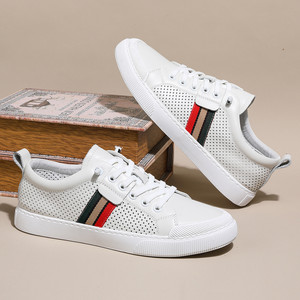 White <b>Leather</b> <b>Sneakers</b> Men Breathable Perforated Flat Low Top Casual Shoes for Leisure Rubber Outsole - Product Image 1
