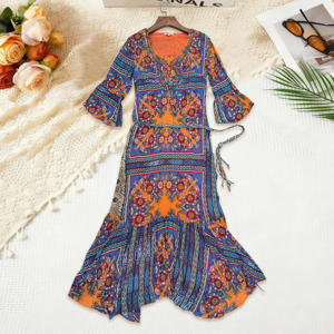Vestido Maxi Bohemio con Estampado Floral Étnico Naranja y Azul <span class=keywords><strong>para</strong></span> Mujer, Manga Campana, Cintura Ajustable con Lazada, Decoración con Cuentas - Product Image 2