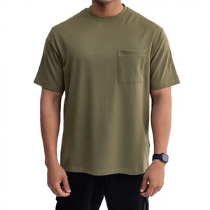 เสื้อยืดแขนสั้นสีเขียวมะกอกสำหรับผู้ชาย ทรงปกติ คอกลม มีกระเป๋าเสื้อ ผ้าเจอร์ซีย์ลำลอง ผ้าฝ้าย สีพื้น - Product Image 1