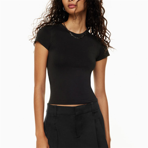 T-<span class=keywords><strong>shirt</strong></span> et hauts à <span class=keywords><strong>col</strong></span> <span class=keywords><strong>rond</strong></span> pour femmes T-<span class=keywords><strong>shirt</strong></span> court en coton blanc uni pour dames logo Femmes Crop Top - Product Image 5