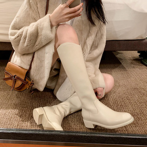 Women's White Leather <b>Knee</b> <b>High</b> Boots with Chunky Block Heel Round Toe Elegant Minimalist Casual Footwear - Product Image 1